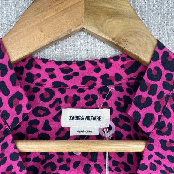 Zadig Voltaire Dress Womens XS Pink Mini Long Sleeve Cinch Leopard Print NEW - Picture 4 of 13